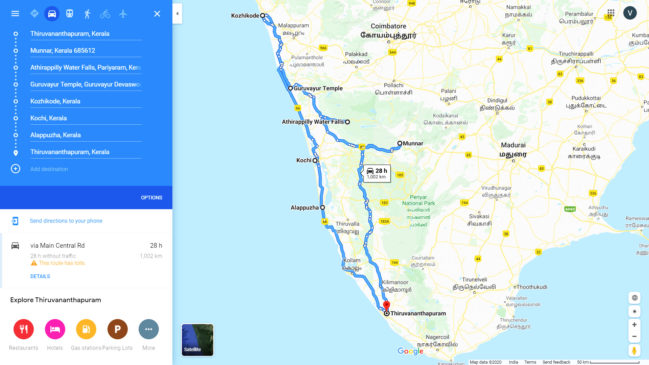 Travel Techies Kerala Trip Route Map